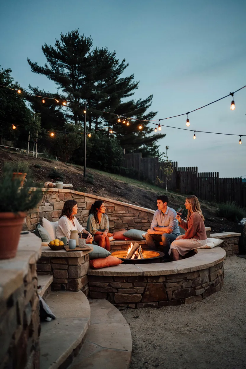 Fire Pit with Stone Retaining Wall Seating