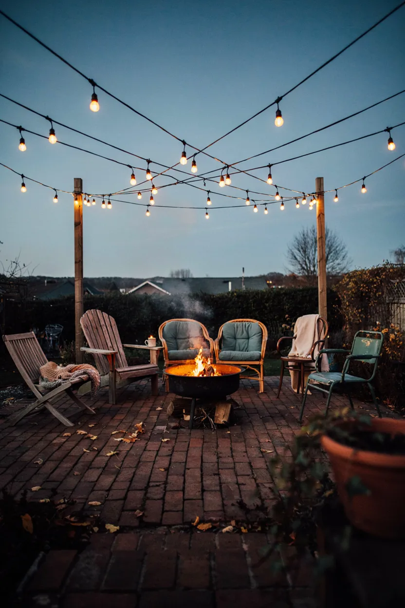 Fire Pit with String Lights Canopy