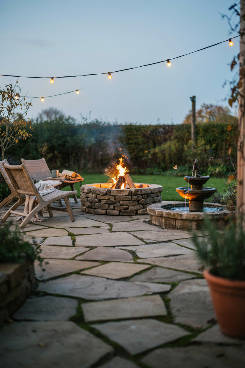 Fire Pit with Water Feature Backdrop