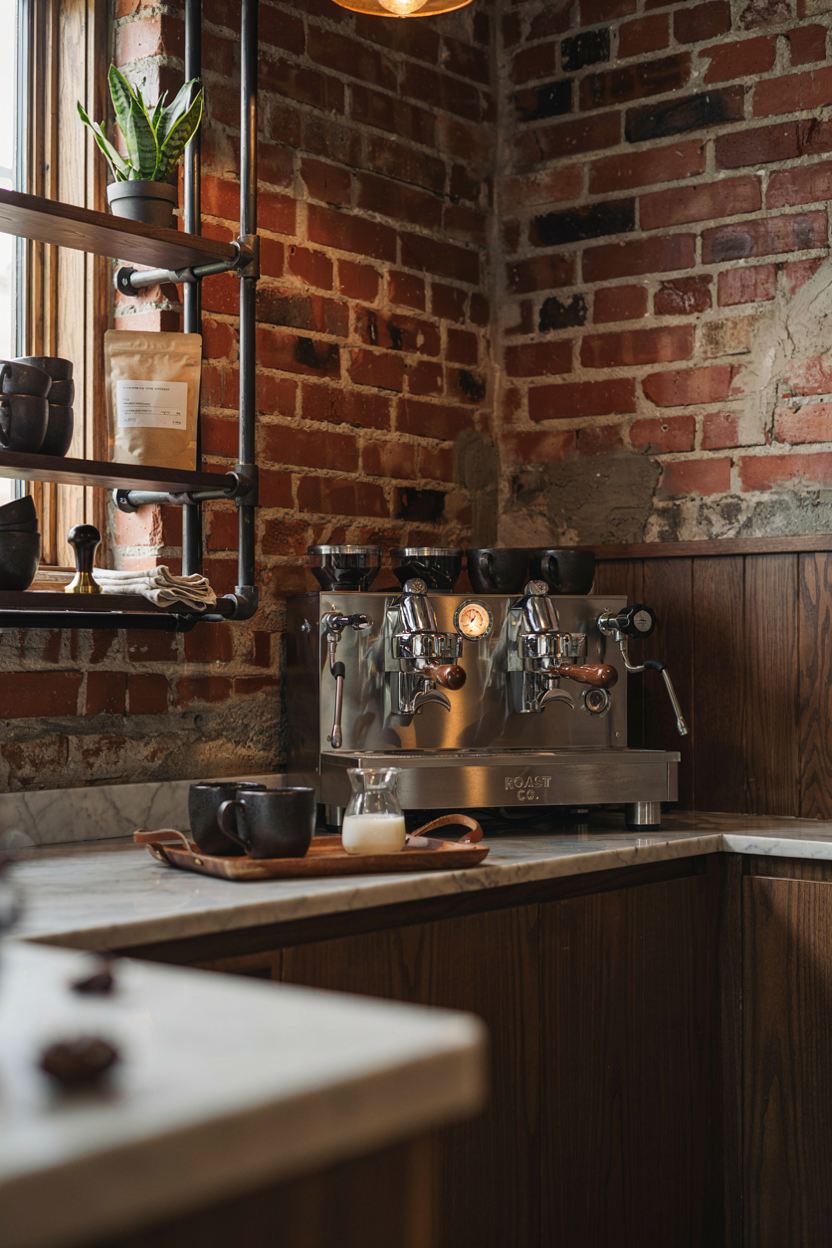 Industrial Coffee Bar with Black Metal Shelves