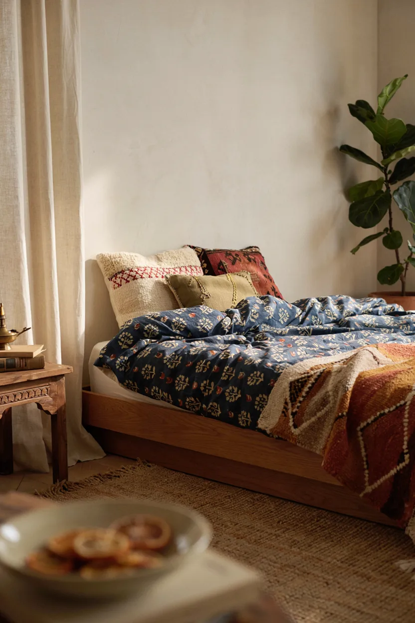 Low Platform Bed with Global Textiles