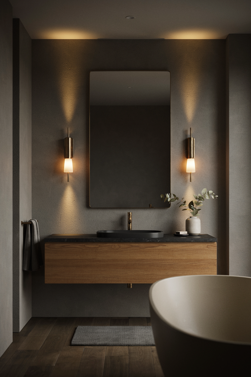 Moody Bathroom with Warm Lighting Dark Moody Bathroom Ideas