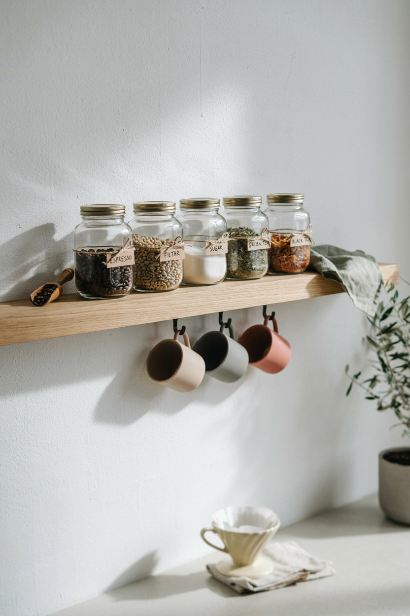  Open Shelving Coffee Bar with Glass Jars