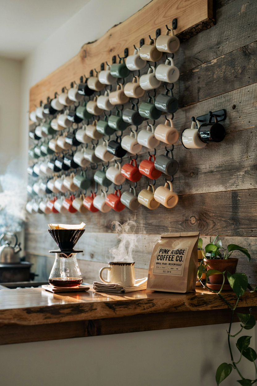 Rustic Wood Coffee Bar with Mug Wall