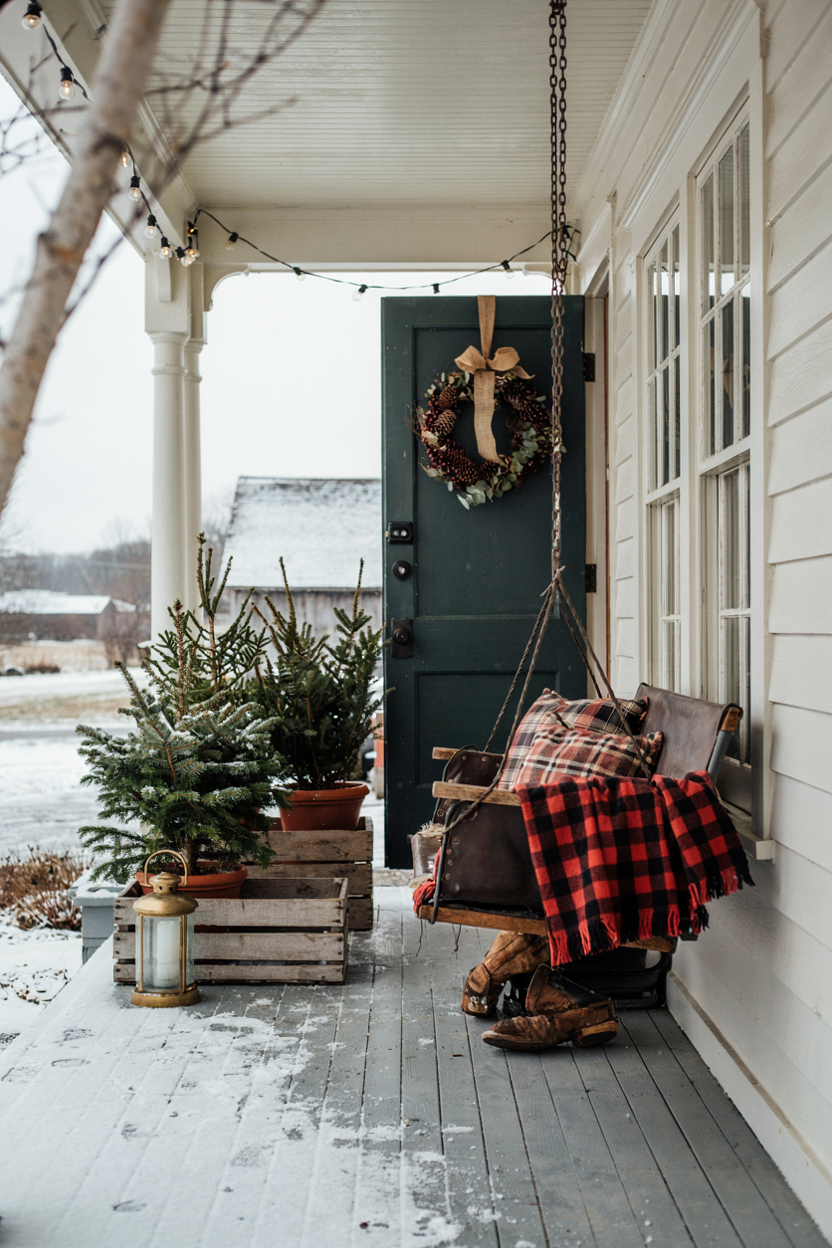 Rustic Wood and Plaid Winter Porch