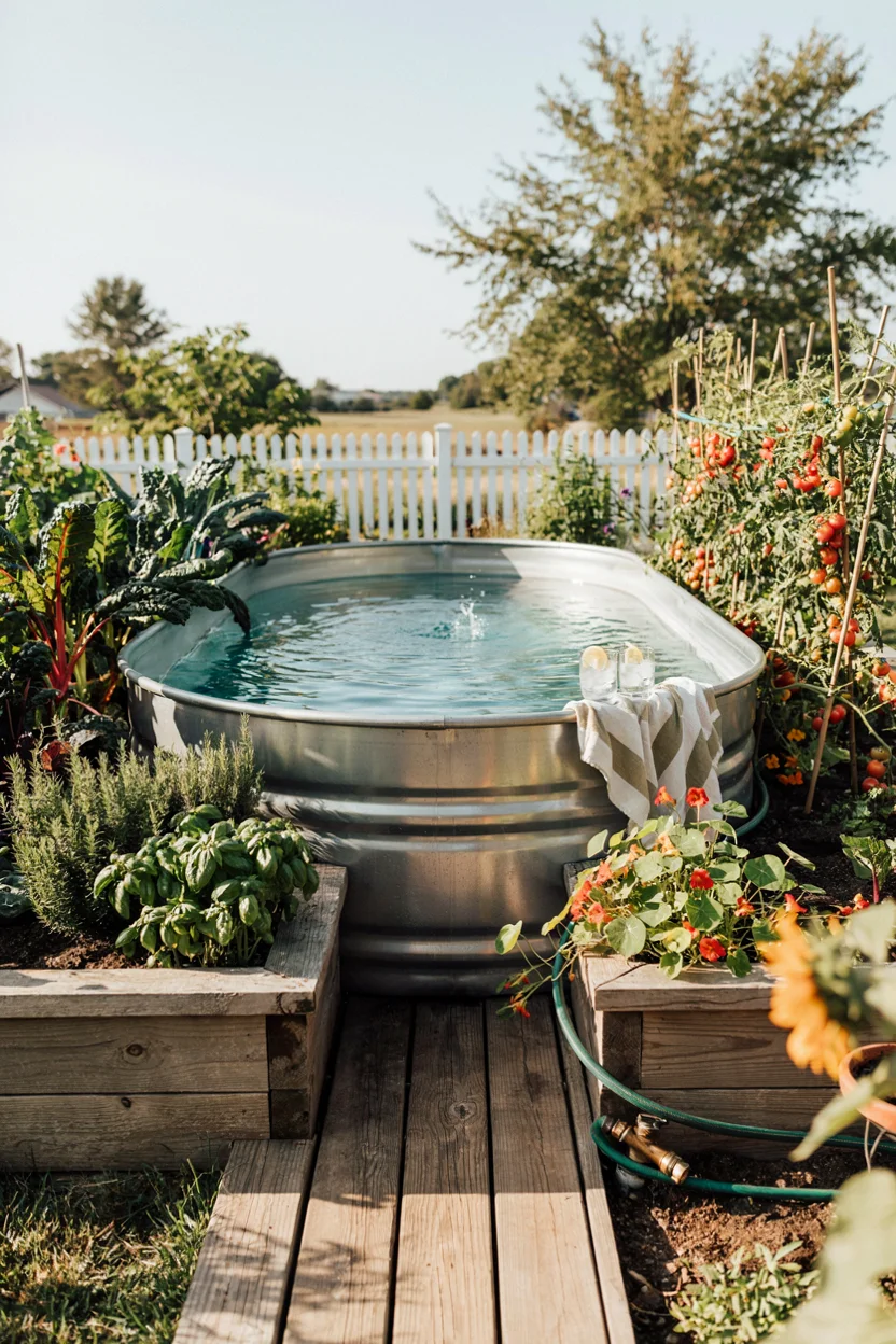 2. Stock Tank Pool Framed With Raised Garden Beds