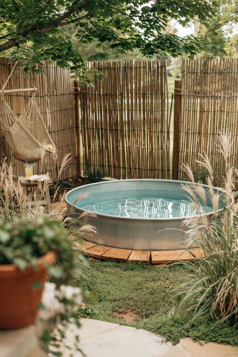 Stock Tank Pool Tucked Into a Corner Garden