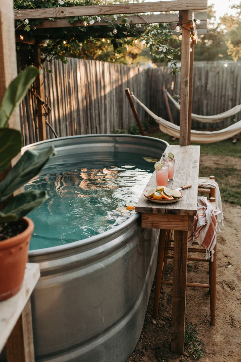 Stock Tank Pool With a Built-In Wood Bar