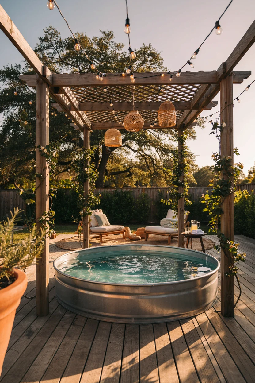 Stock Tank Pool With a Full Wraparound Pergola and Lighting