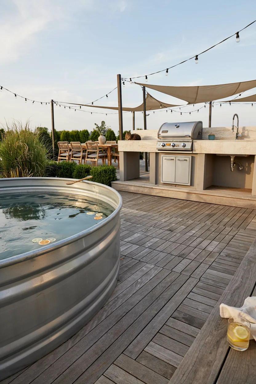 Stock Tank Pool With a Poolside Outdoor Kitchen