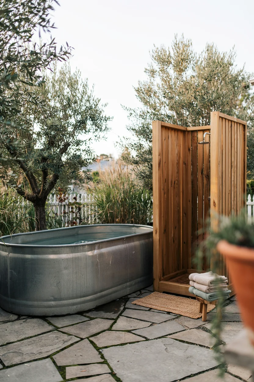 Stock Tank Pool With a Poolside Outdoor Shower