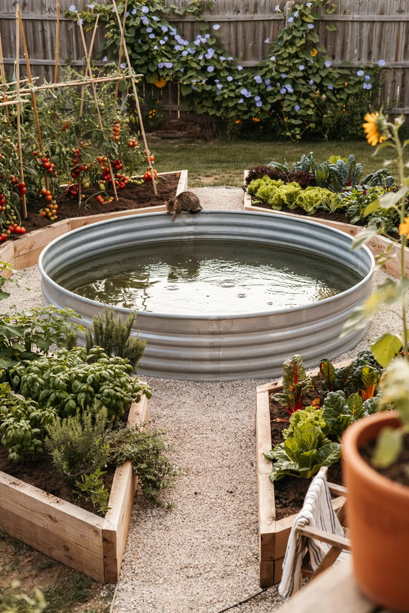 Stock Tank Pool With a Poolside Vegetable Garden