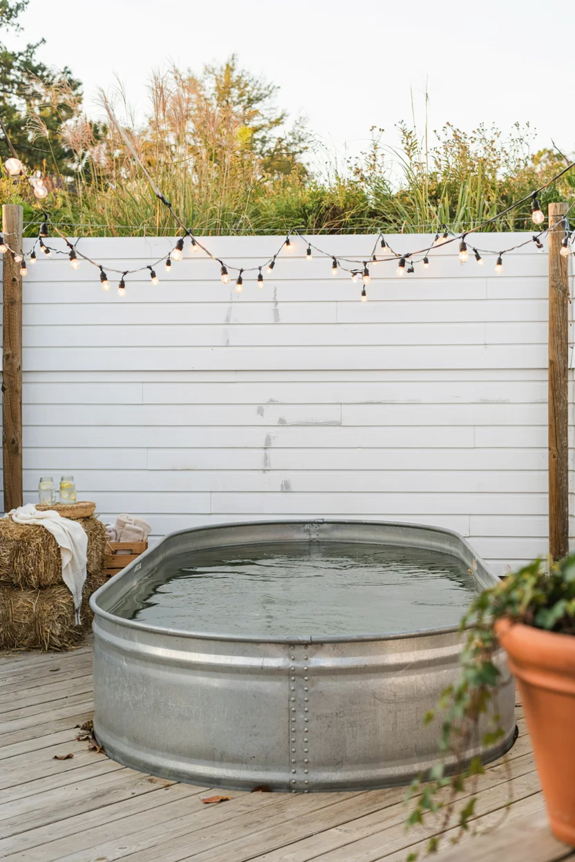 Stock Tank Pool With a Rustic Farmhouse Fence Backdrop