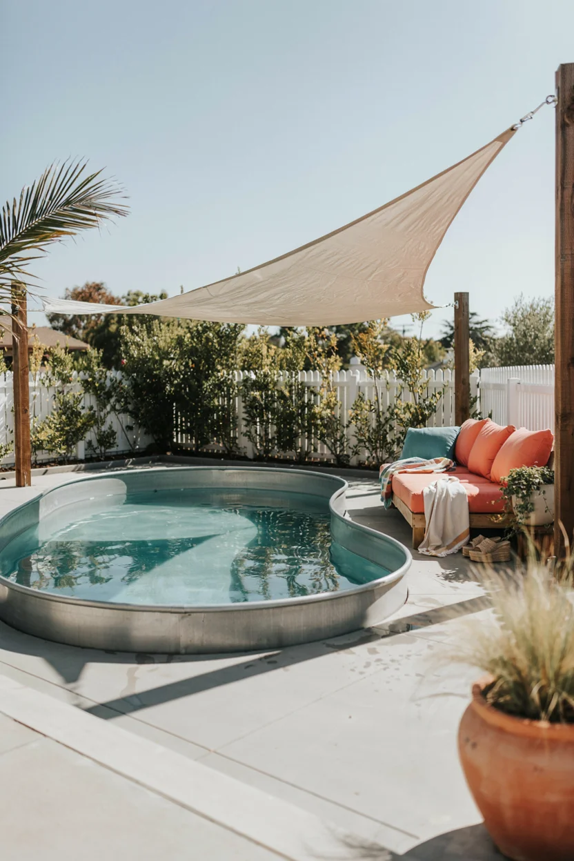 Stock Tank Pool With a Shade Sail Canopy