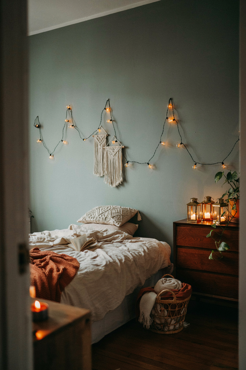 String Light and Lantern Ambiance Boho Bedroom Ideas