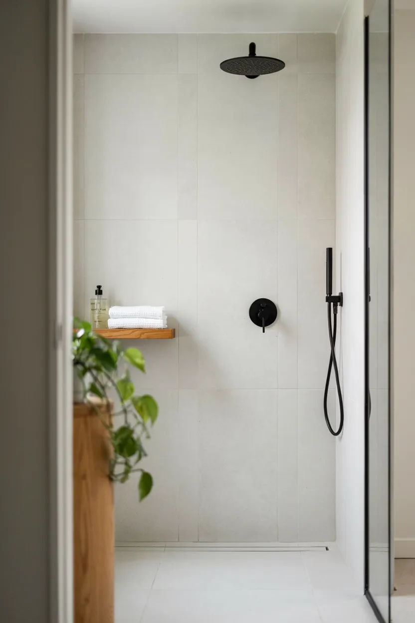 Walk-In Shower with Black Fixtures