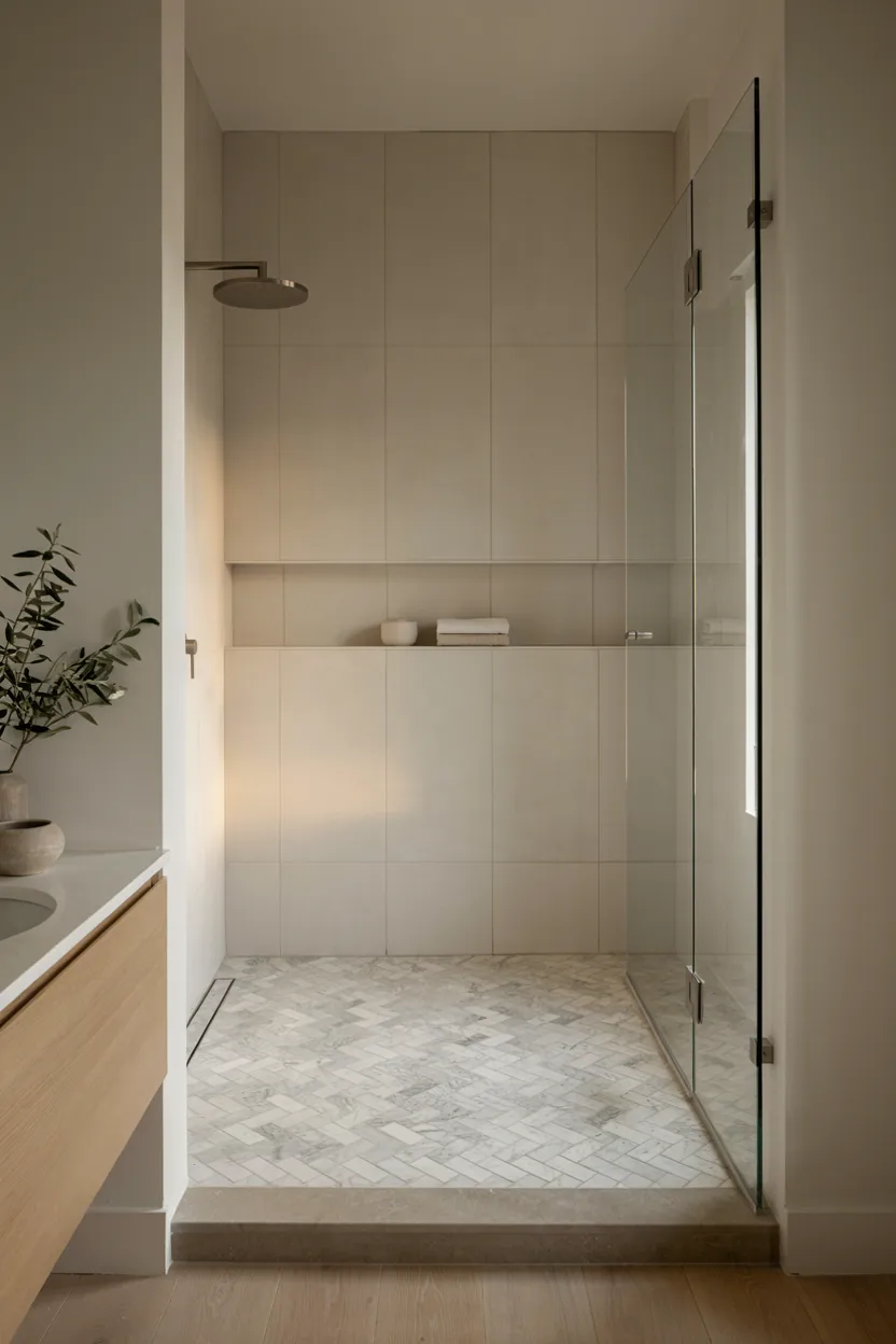Walk-In Shower with Herringbone Floor Walk-In Shower Ideas