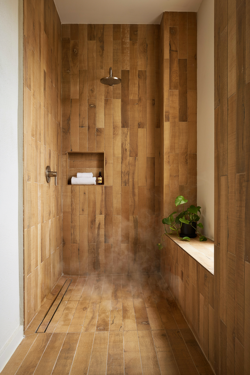 Walk-In Shower with Wood-Look Tile