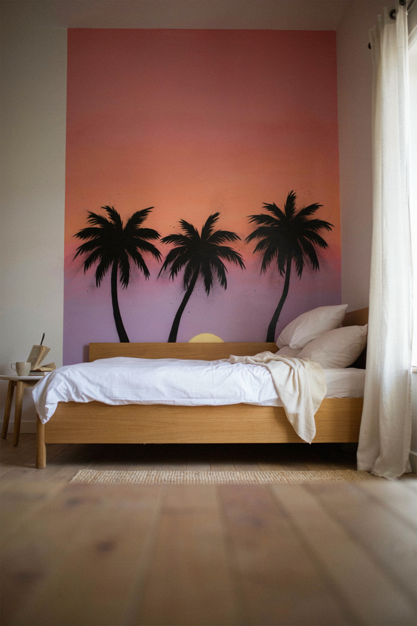 Airbrushed Sunset Mural Balanced by Simple Bedding