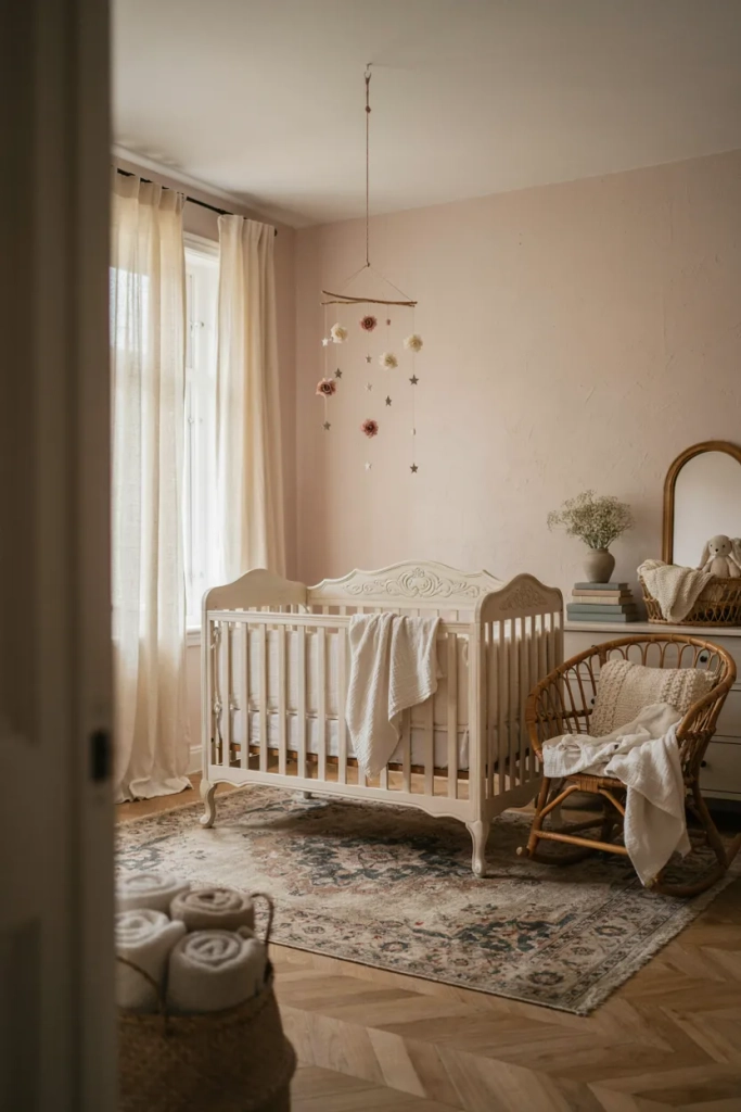 Antique White Crib with Ornate Detailing