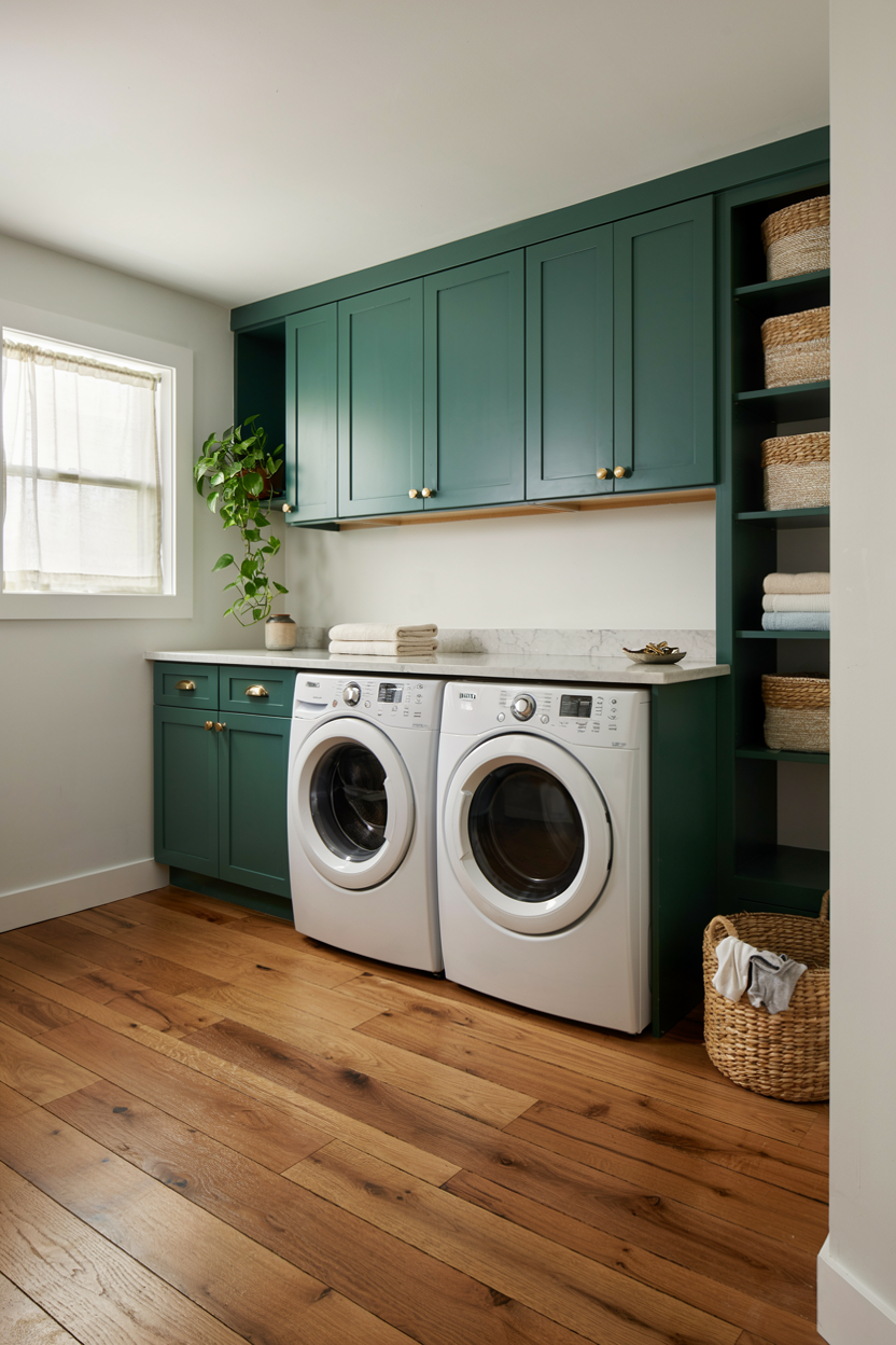 Basement Laundry Room with Bold Cabinet Color