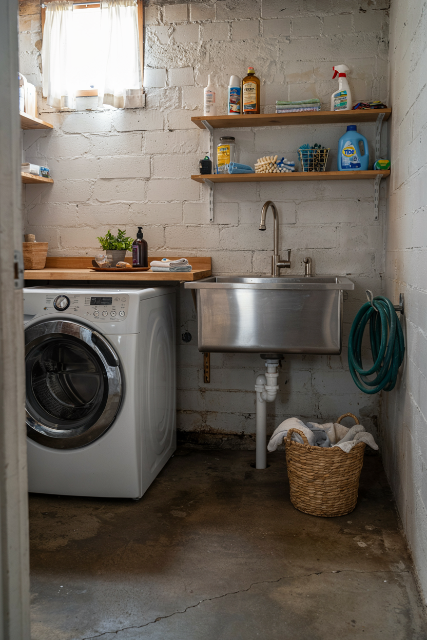 Basement Laundry Room with Drying Rack