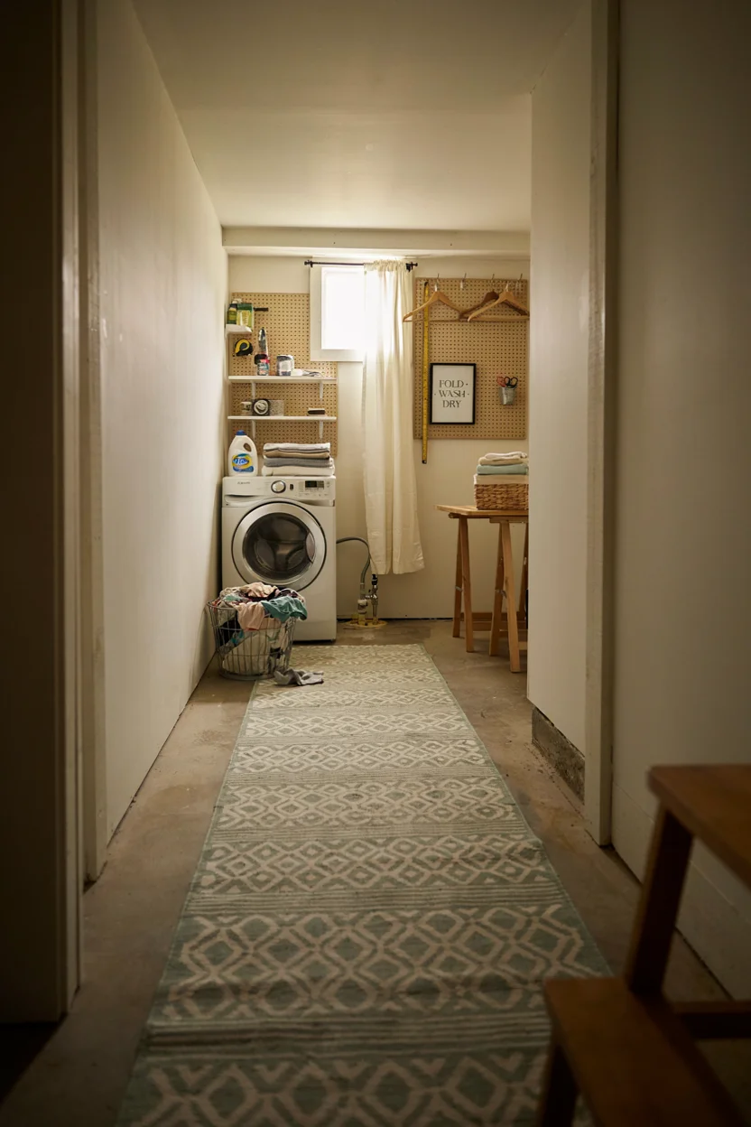 . Basement Laundry Room with Runner Rug