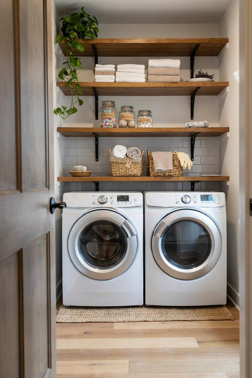 Basement Laundry with Open Shelving