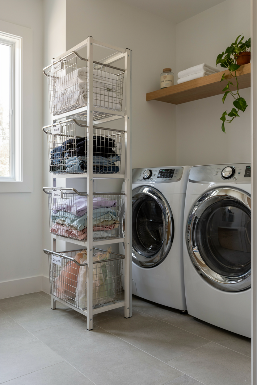 Basement Laundry with Vertical Storage Tower