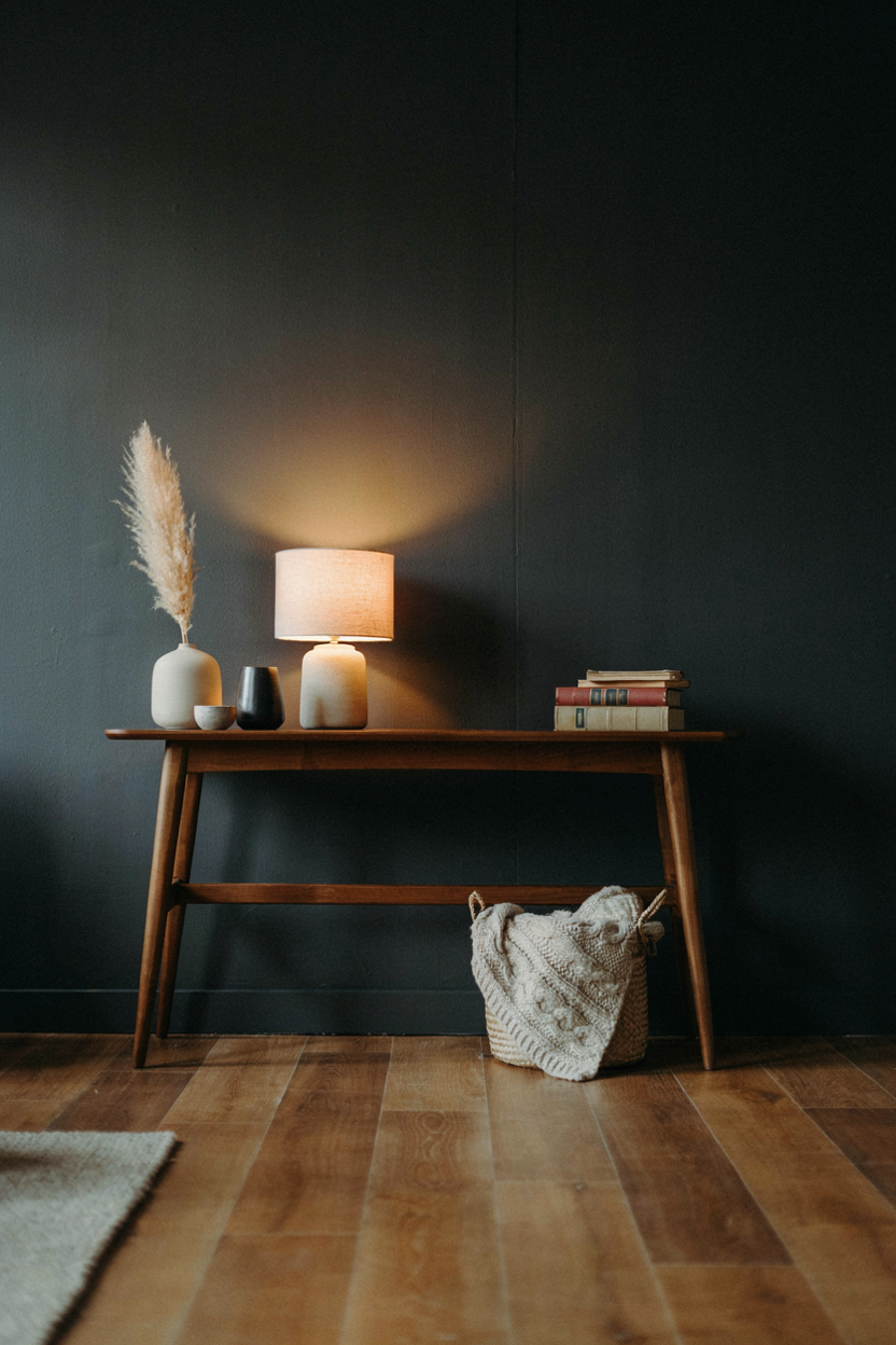 Black Accent Wall Behind a Warm Wood Console