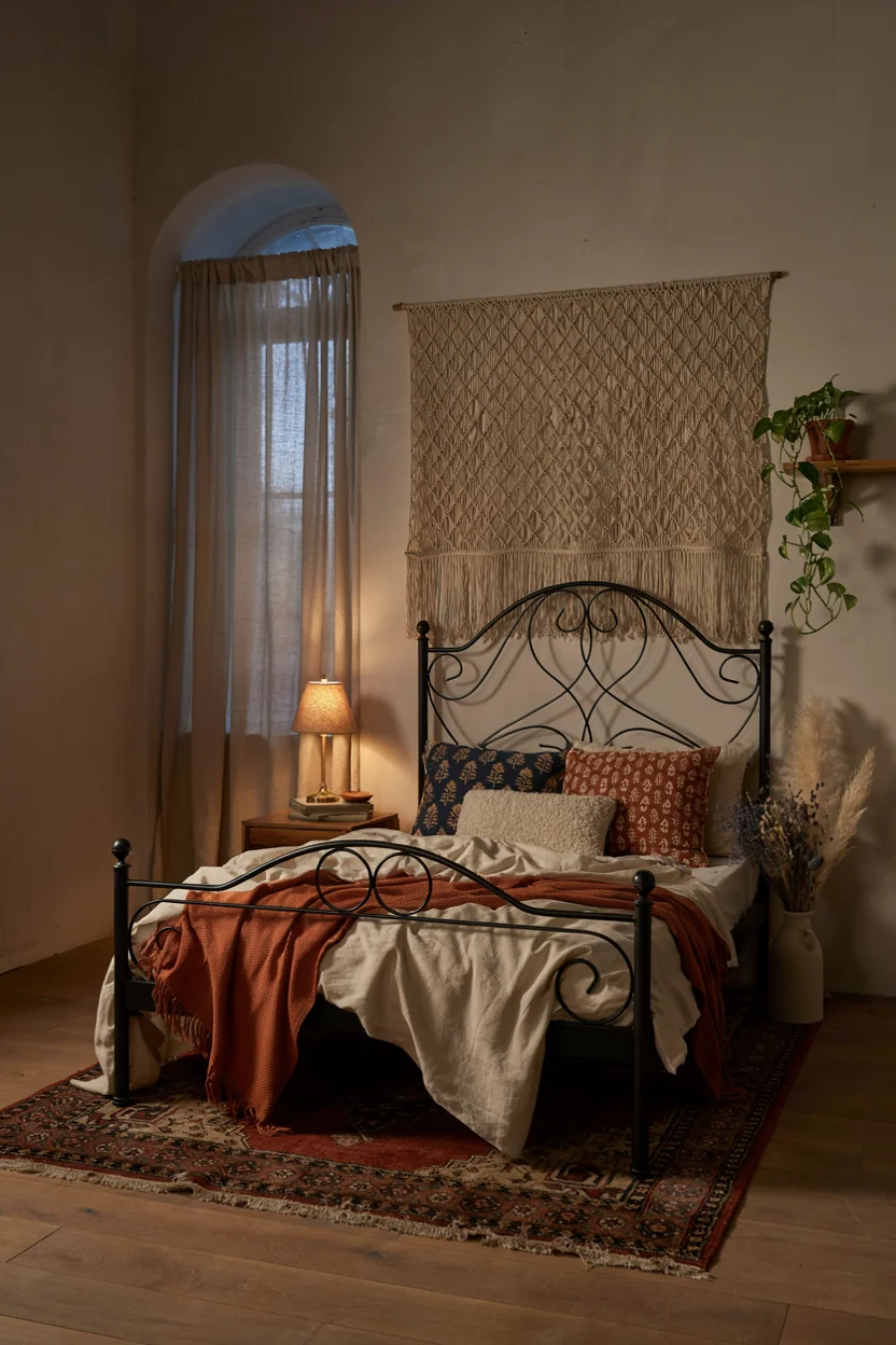Black Iron Bed Frame with Boho Textiles