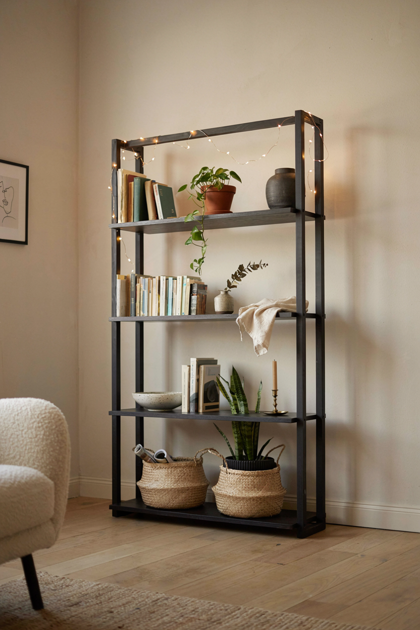 Black Metal Shelving Lit by String Lights