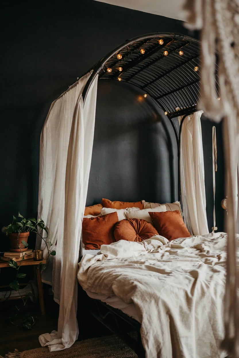 Black Rattan Canopy Bed