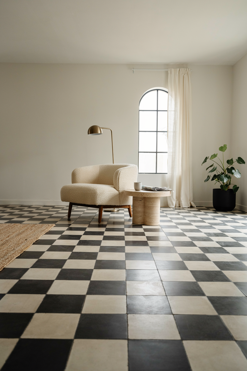 Black and White Checkerboard Floor with Minimal Furniture
