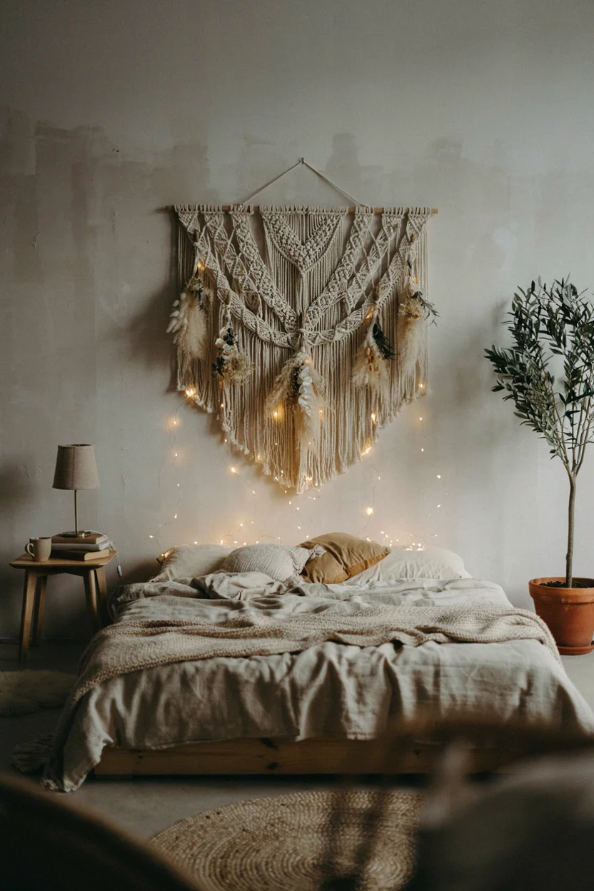 Boho Bedroom with String Lights