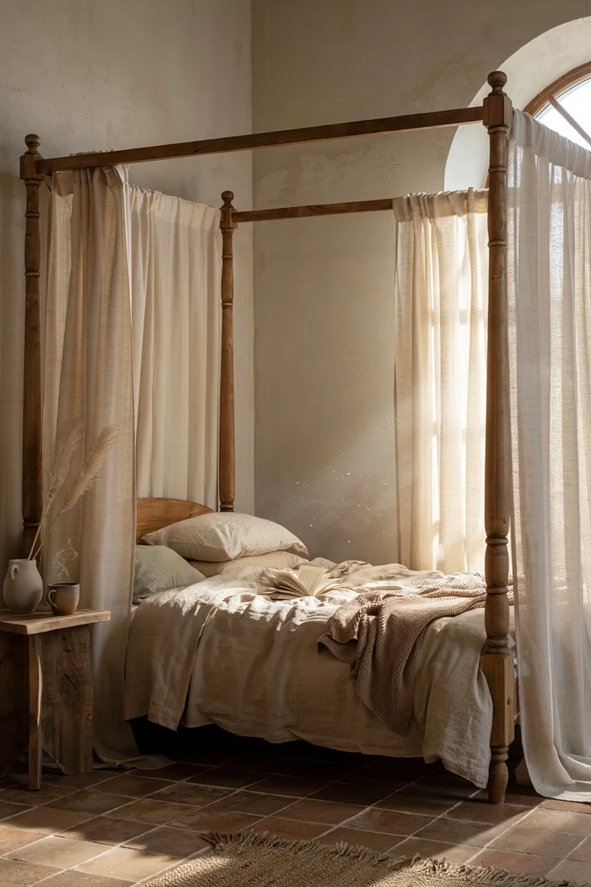 Boho Canopy Bed with Sheer Curtains