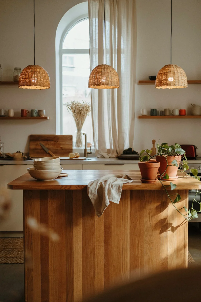  Boho Kitchen Island with Woven Pendant Trio