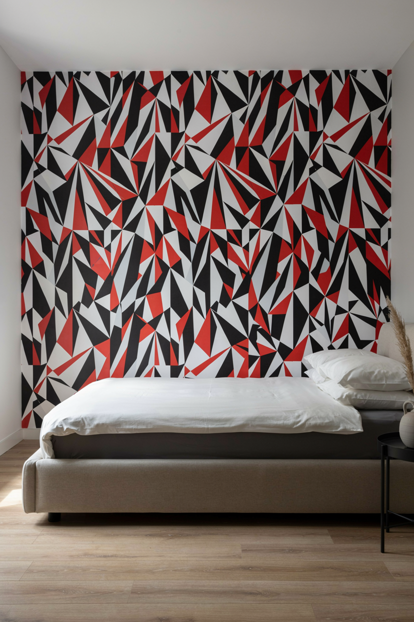 Bold Geometric Wallpaper Balanced by a Streamlined Bed