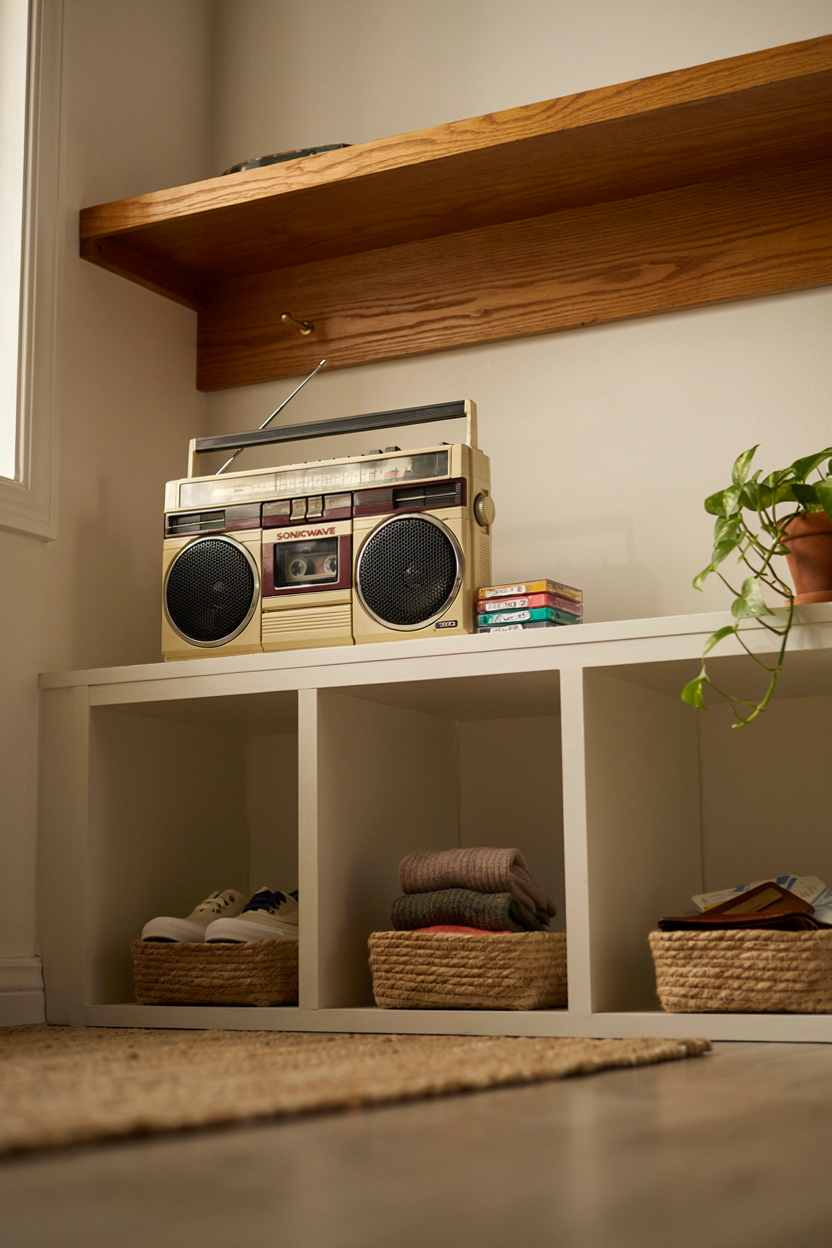 Boombox Shelf Styling with Hidden Storage Baskets