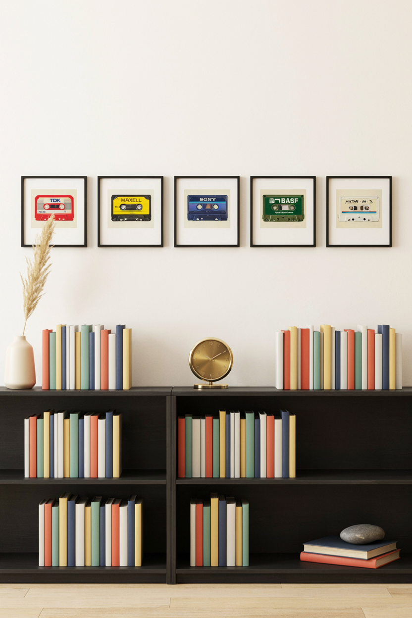 Cassette Tape Wall Art Above an Organized Bookshelf