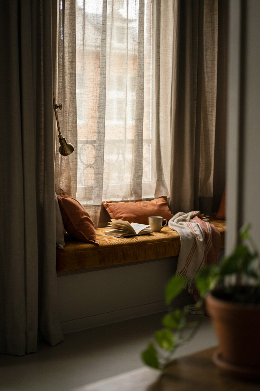 Charcoal Curtains Framing a Warm Window Seat