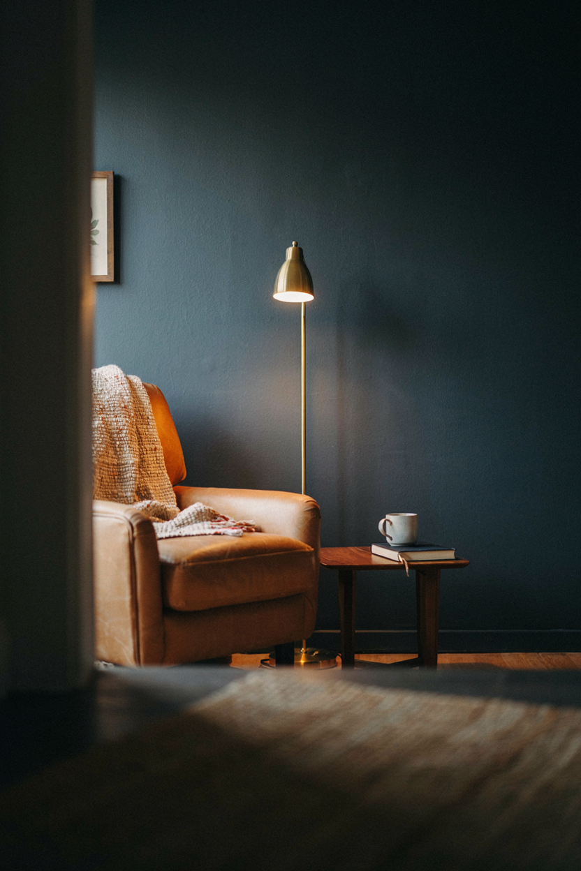 Charcoal Walls with Brass Floor Lamp
