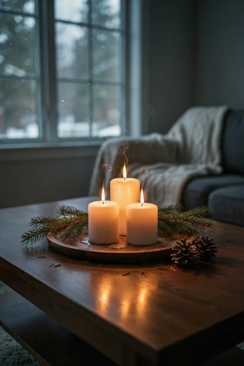 Cluster of Pillar Candles for Winter Ambiance Coffee Table Styling Ideas 