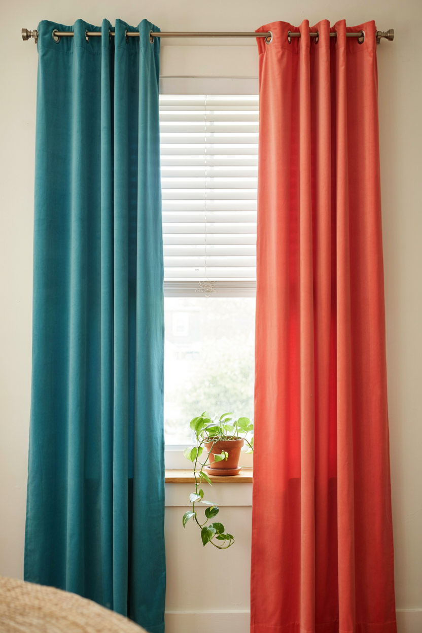 Color-Blocked Curtains Layered Over Simple Blinds