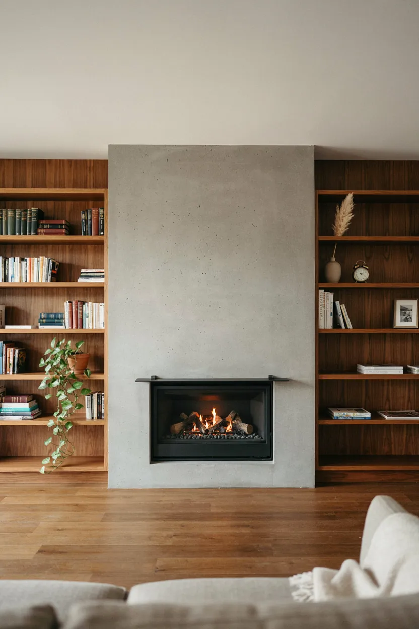 Concrete Fireplace With Built-In Shelving