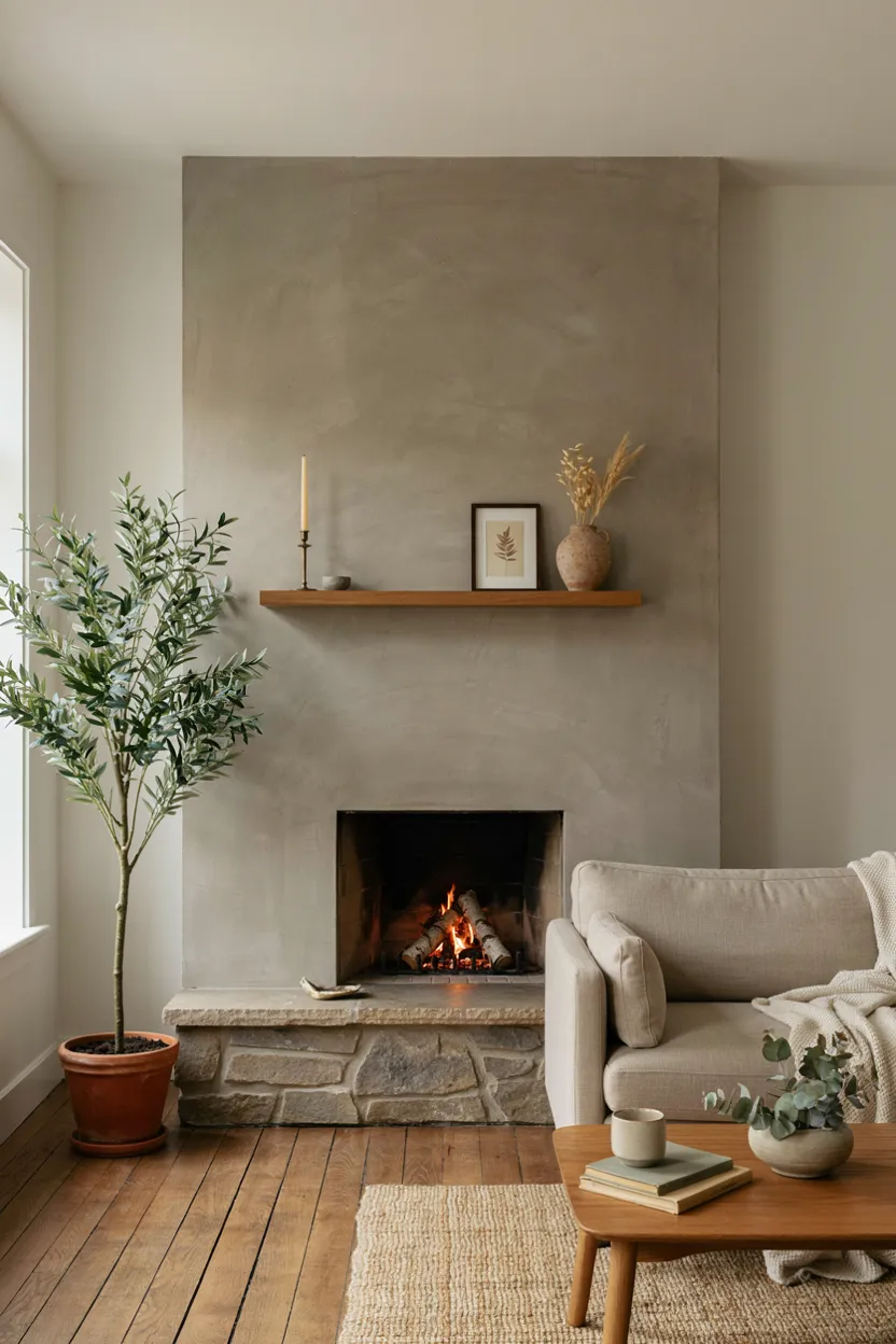 Concrete Fireplace With Stone Accents