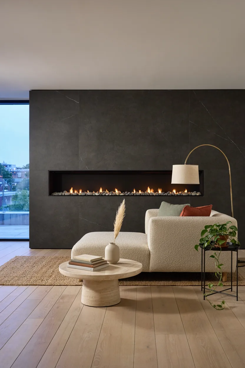 Contemporary Gas Fireplace with River Rock