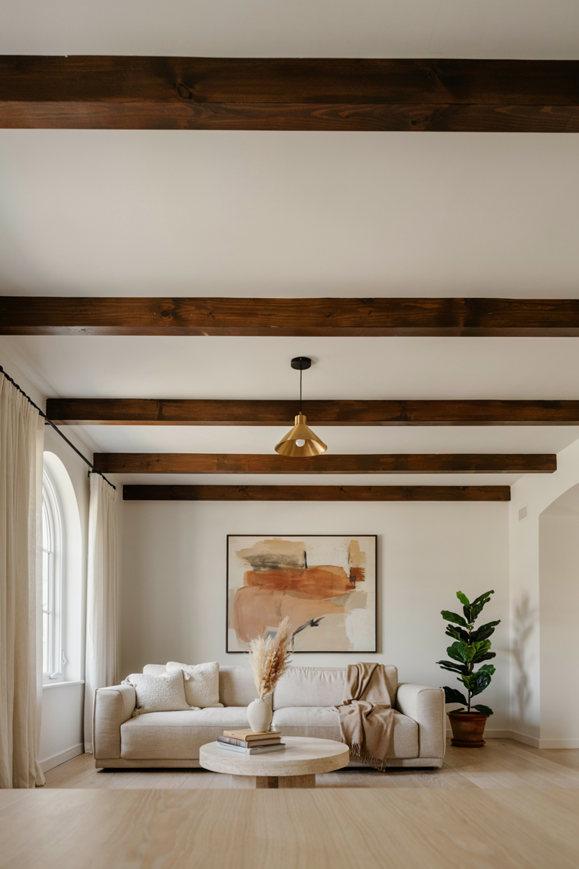 Contrast Ceiling Beams with Warm Pendant Light