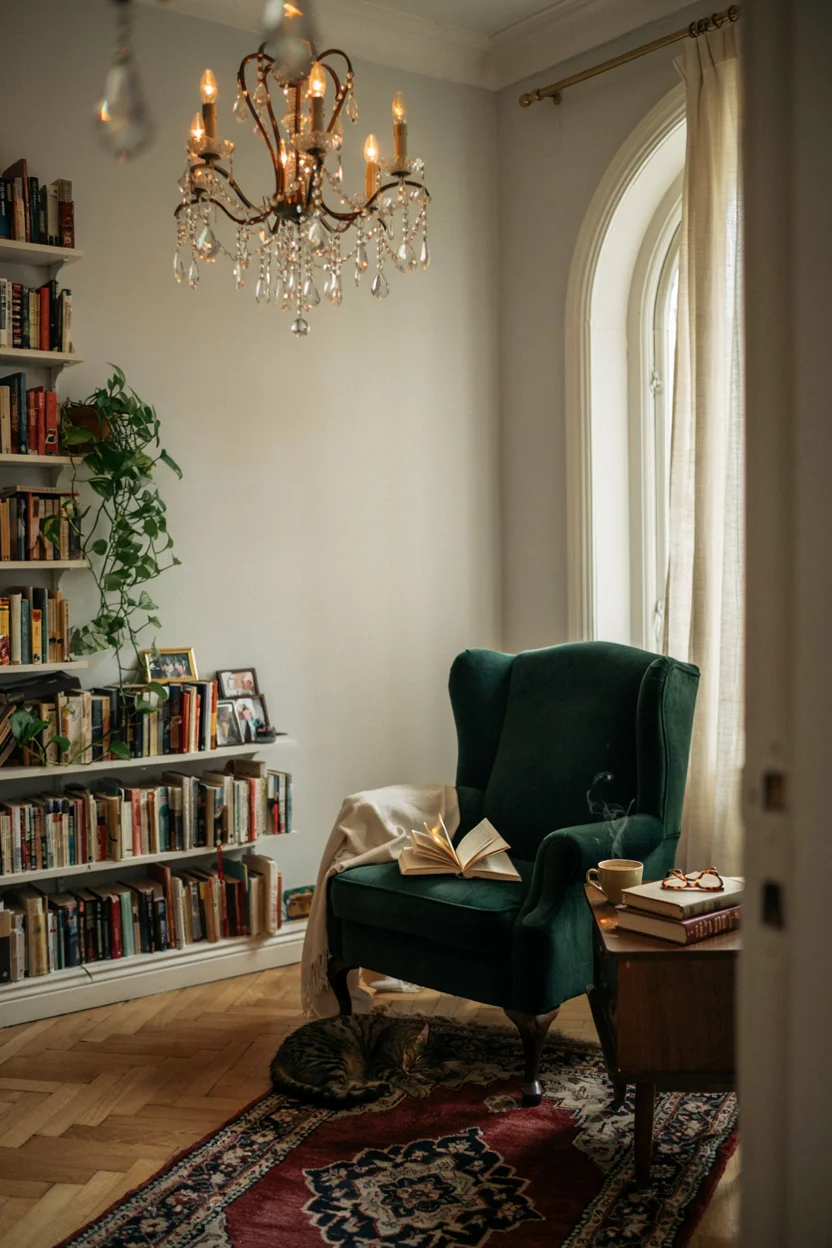 Crystal Chandelier Over a Functional Reading Nook