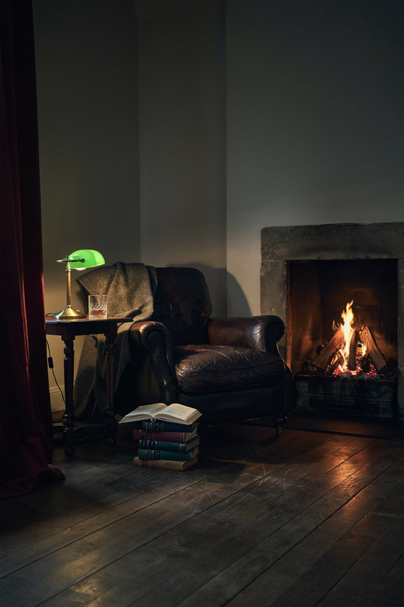 Dark Leather Armchair Beside a Fireplace Glow